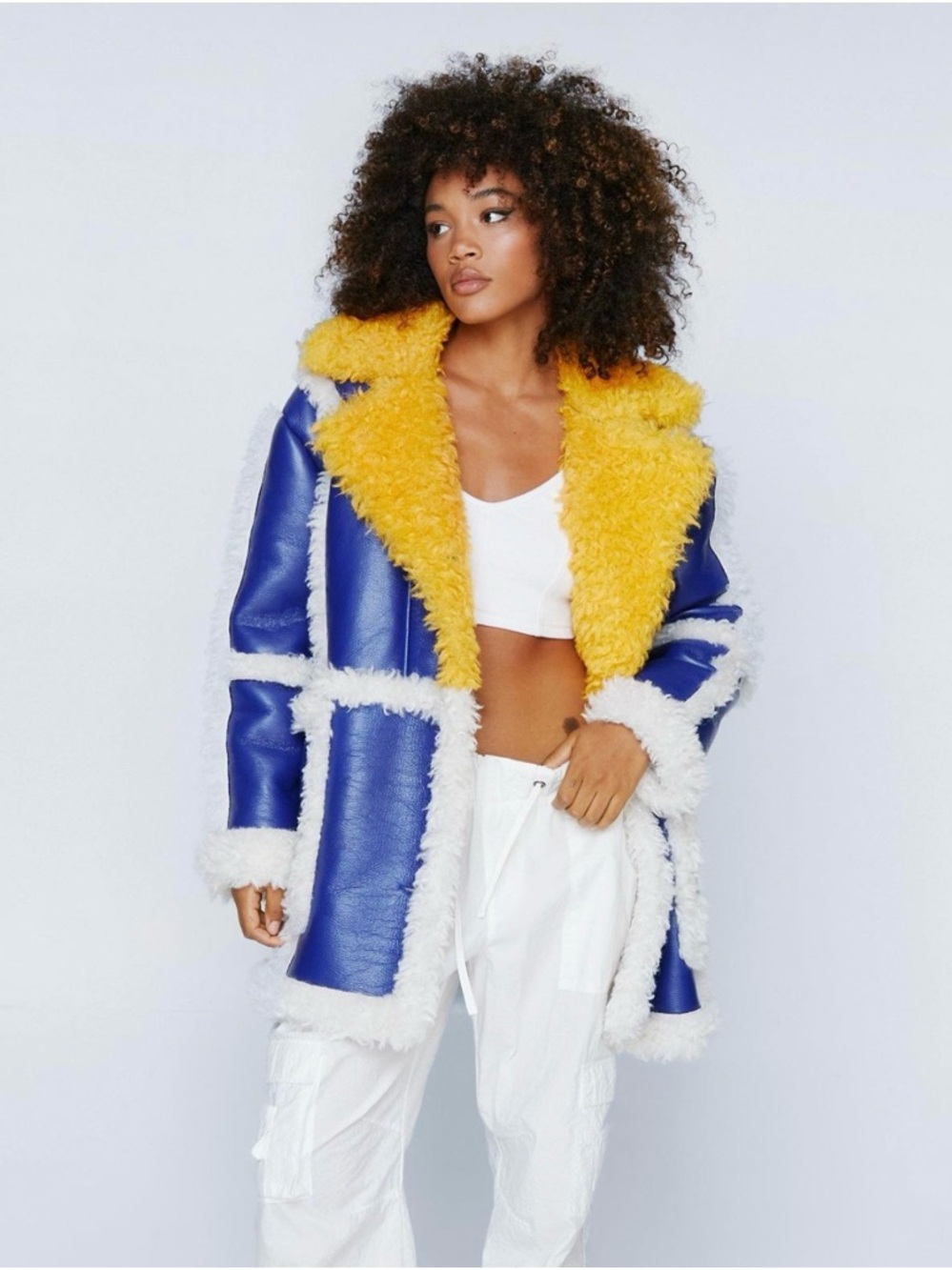 Nasty Gal Blue Coat with Yellow Shearling Trim